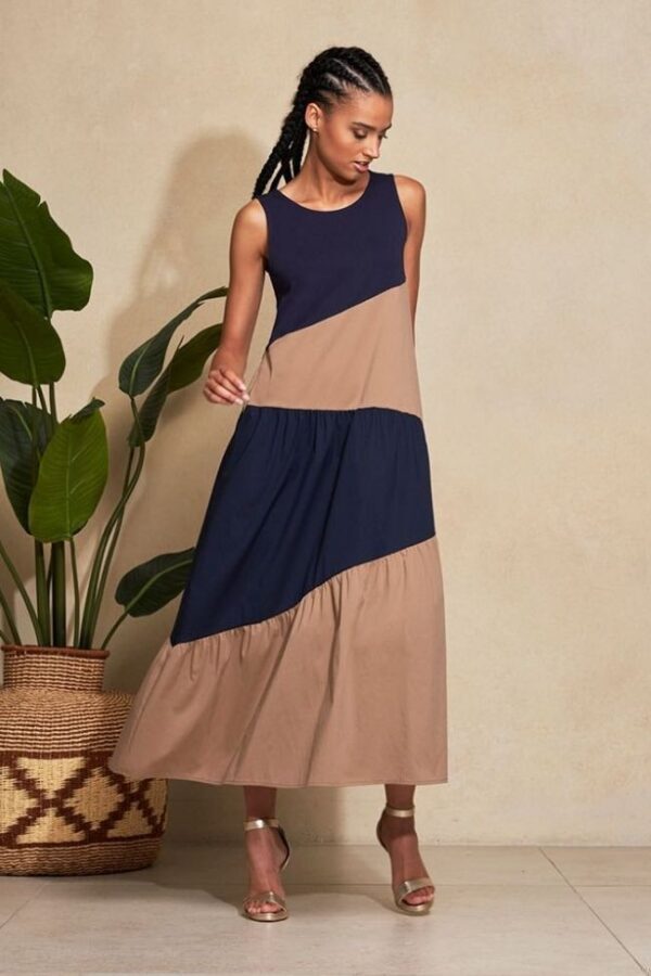 TWO-COLOUR SLEEVELESS CANVAS AND JERSEY DRESS XS-XXXL W.C.29