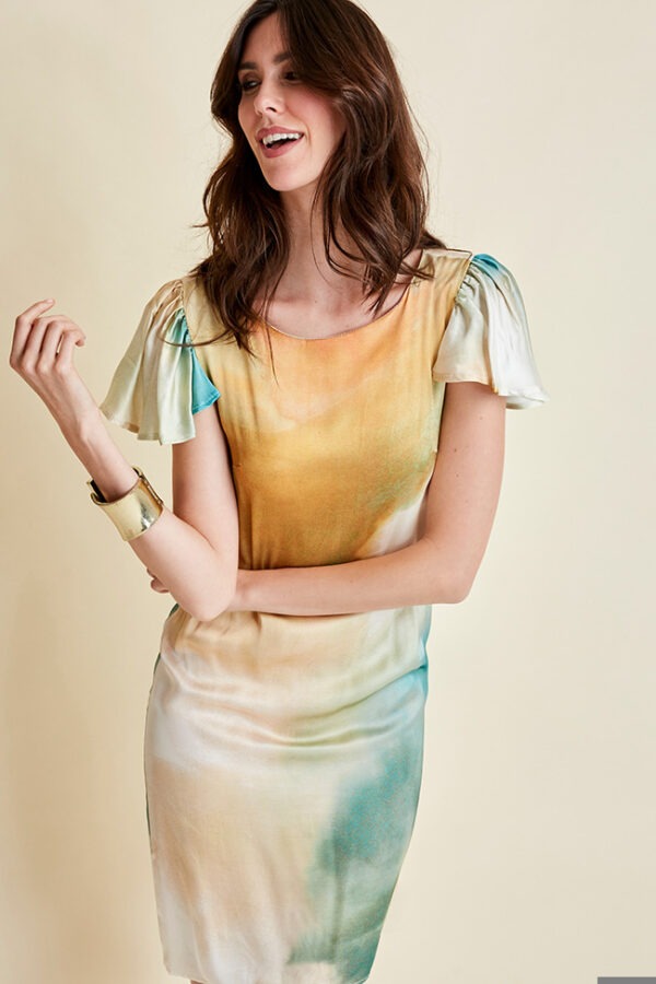 ABITO CORTO CON MANICA ALETTA IN VISCOSA STAMPATA MULTICOLOR