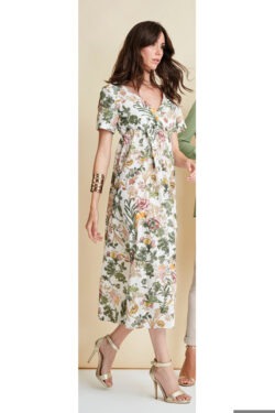 ABITO LUNGO COLLO INCROCIATO CON MANICA CORTA IN COTONE STAMPA FIORI