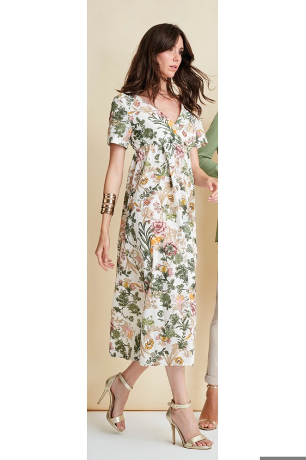 ABITO LUNGO COLLO INCROCIATO CON MANICA CORTA IN COTONE STAMPA FIORI