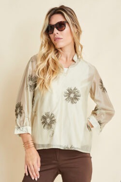 CAMICIA COLLO GURU IN VOILE RICAMATO CON CANOTTA